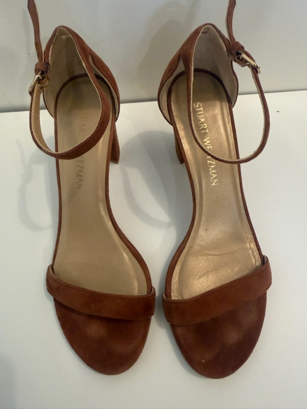 Stuart Weitzman Suede Ankle Strap Block Heel Sandals Brown Carmel Brown size 7.5 - Picture 15 of 16